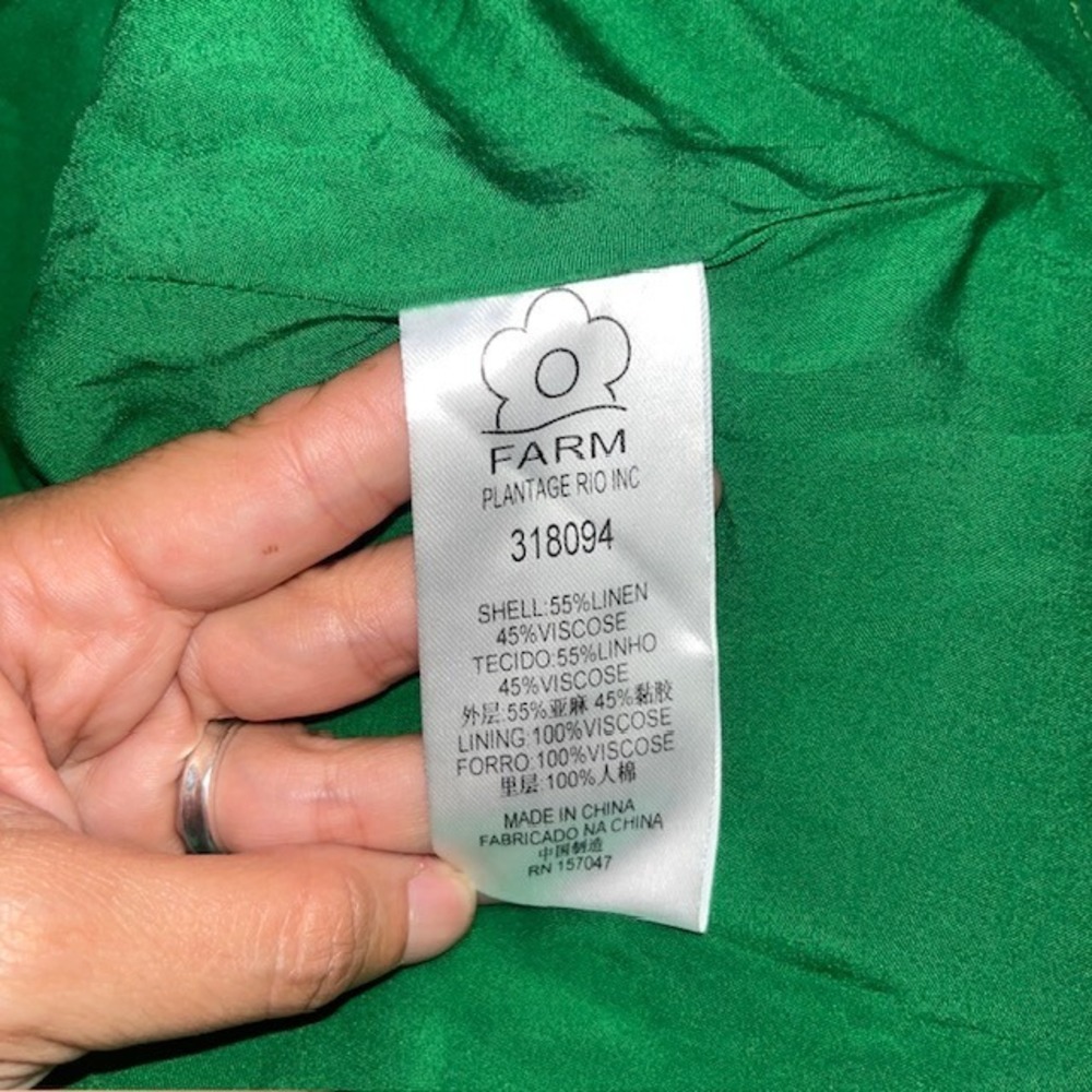 Farm Rio Lea Leaf Mini Dress One Shoulder Linen Blend Green Small - Picture 9 of 9
